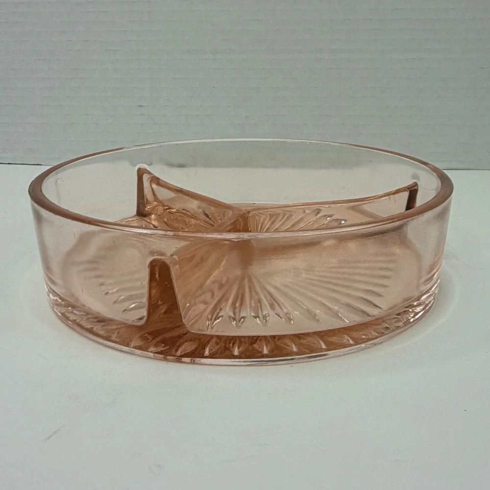 Vintage Pink Depression Glass 3 Part Divided Relish Dish Starburst 6.25 Inch